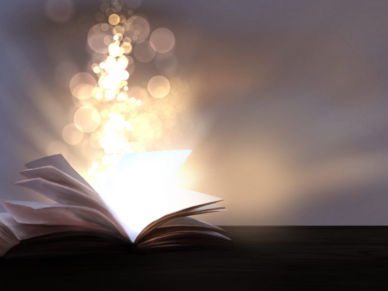 An open book with a magical fantasy. Night view illustration wit